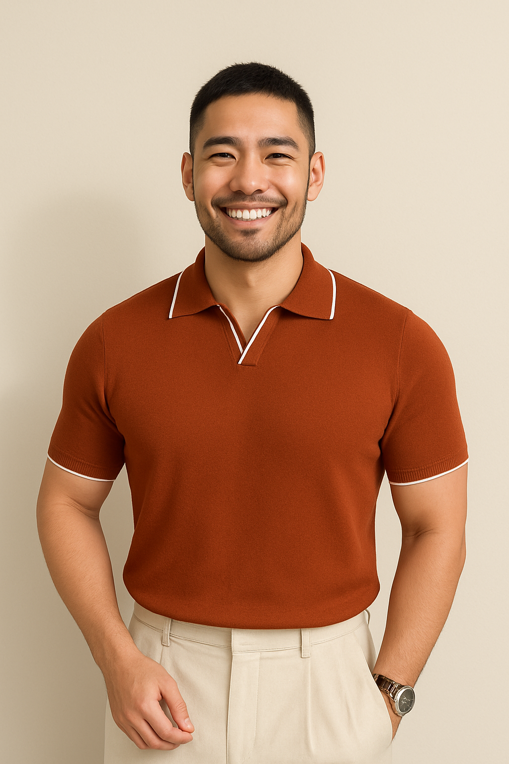 short sleeve knit polo with contrast trim and slim fit