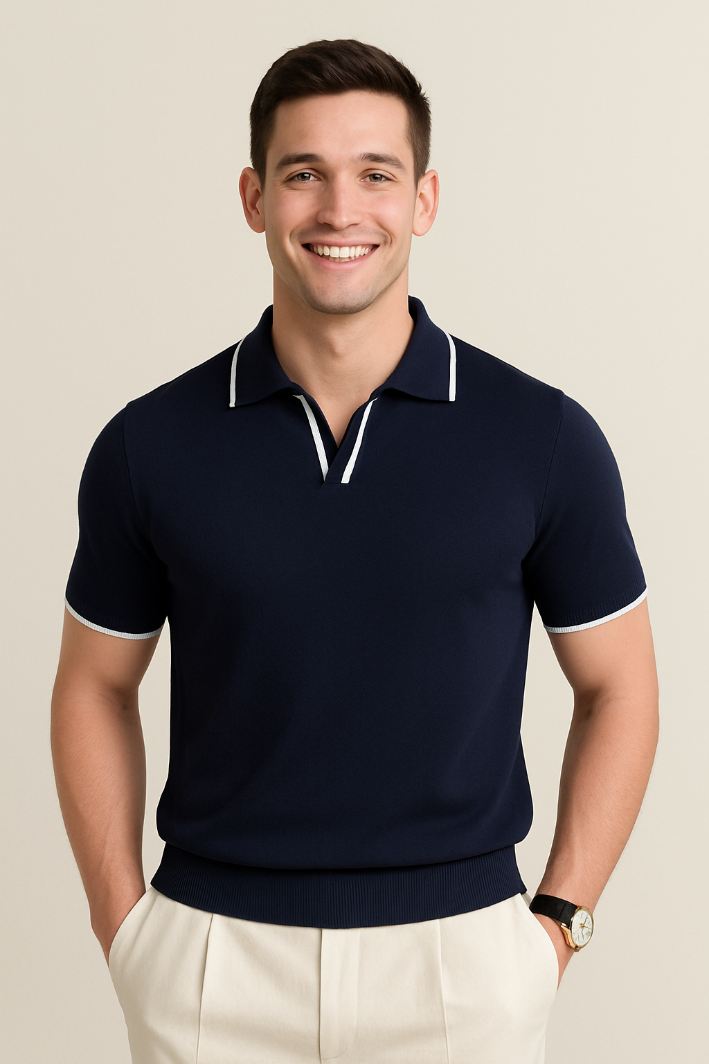 short sleeve knit polo with contrast trim and slim fit