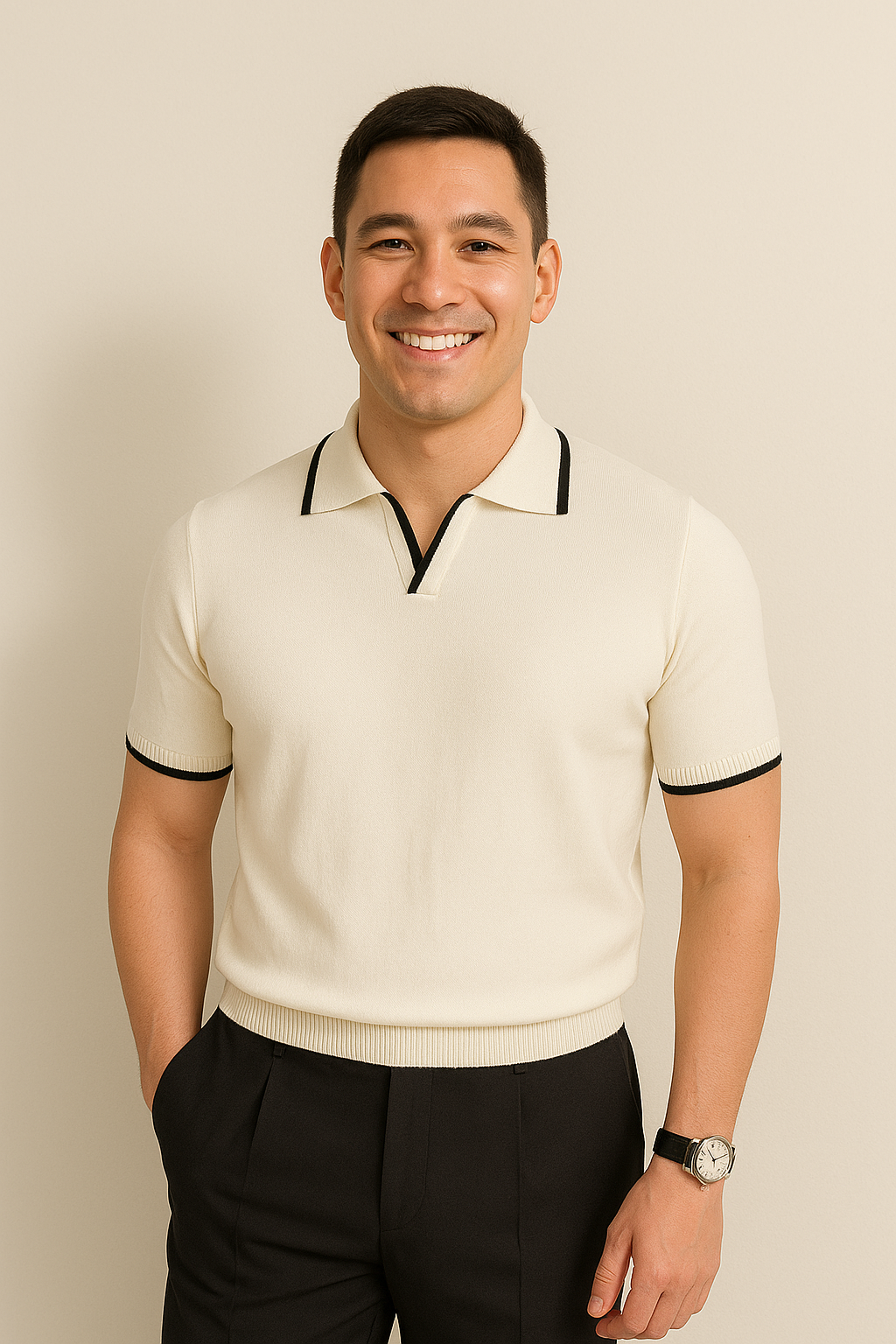 short sleeve knit polo with contrast trim and slim fit