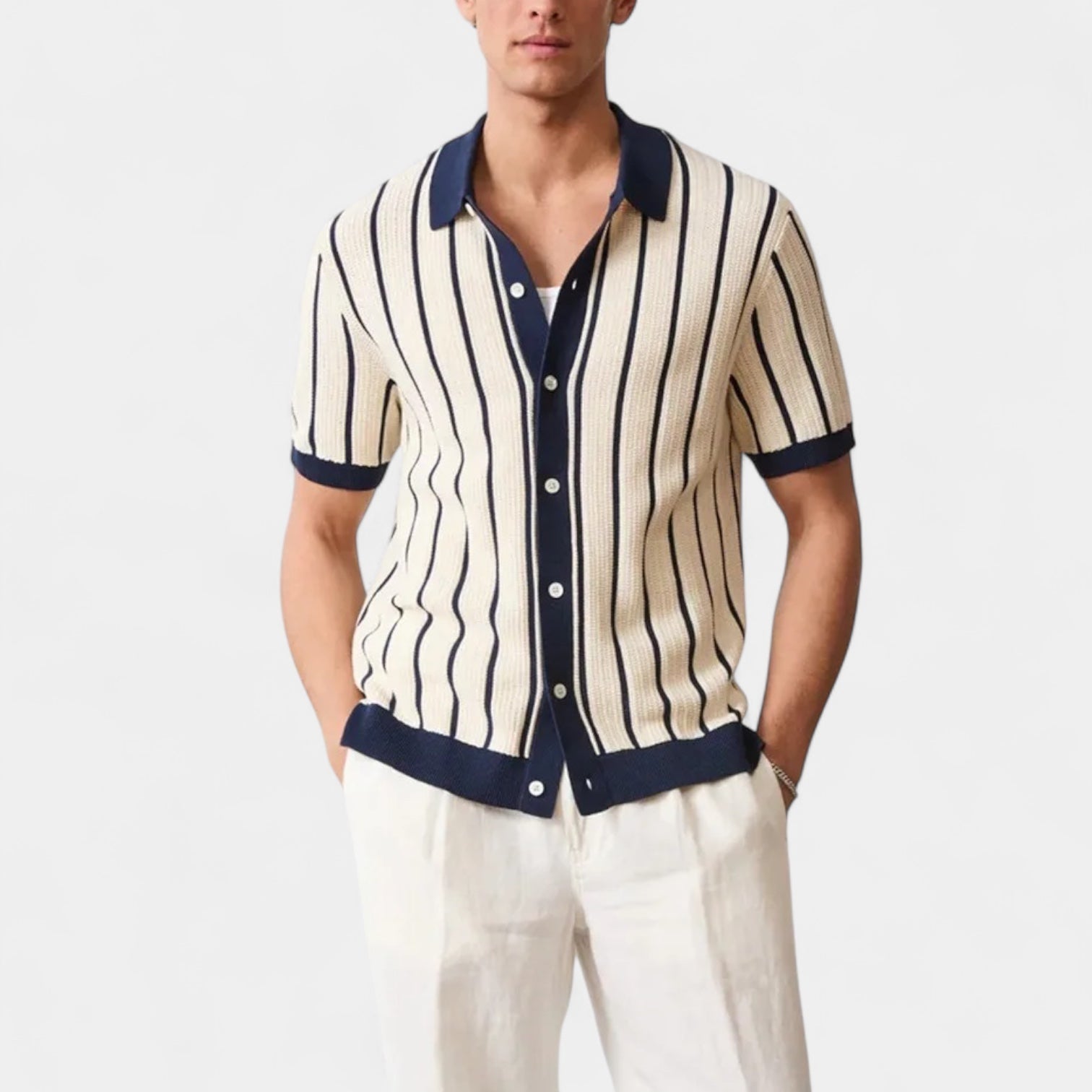 men's short sleeve vertical stripe knit button-front shirt with contrast trim