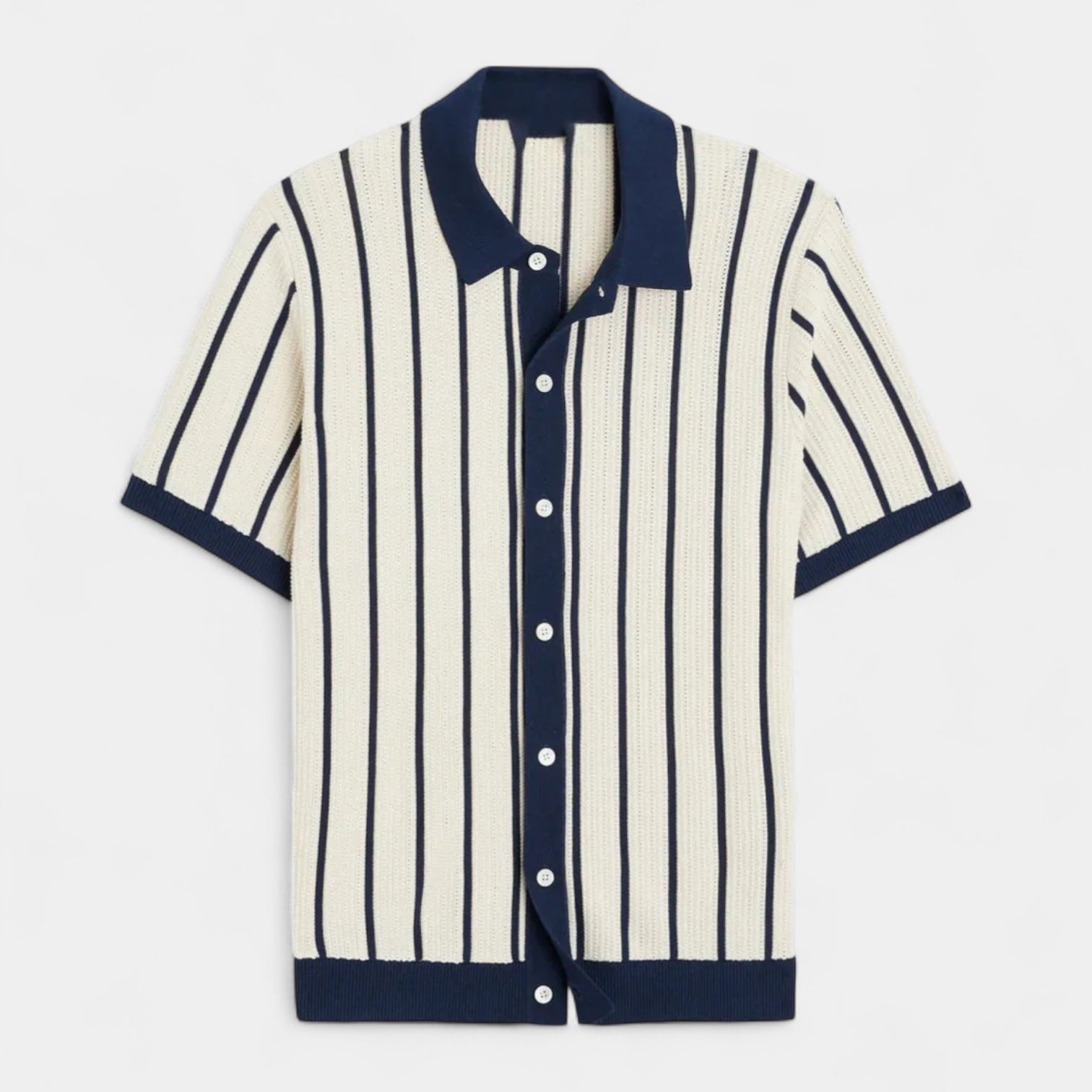men's short sleeve vertical stripe knit button-front shirt with contrast trim