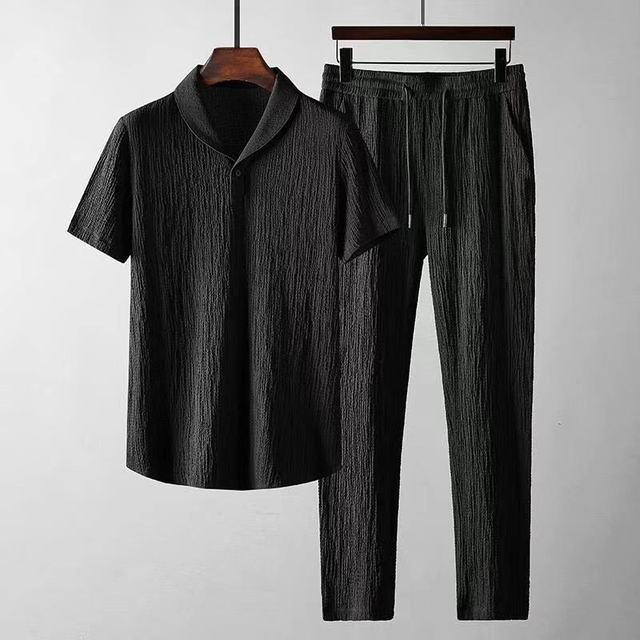 textured two-piece set for men shawl collar top and tapered drawstring trousers