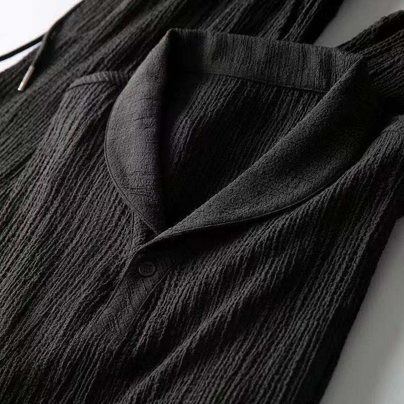 textured two-piece set for men shawl collar top and tapered drawstring trousers