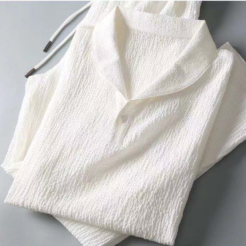 textured two-piece set for men shawl collar top and tapered drawstring trousers