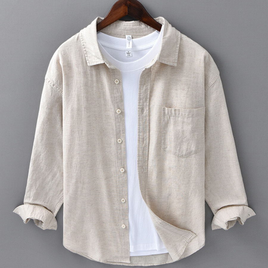 men's long-sleeve linen-blend shirt with point collar button-down chest pocket