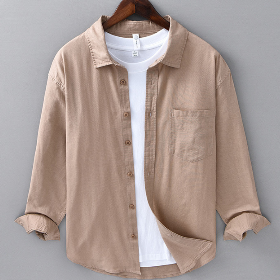 men's long-sleeve linen-blend shirt with point collar button-down chest pocket