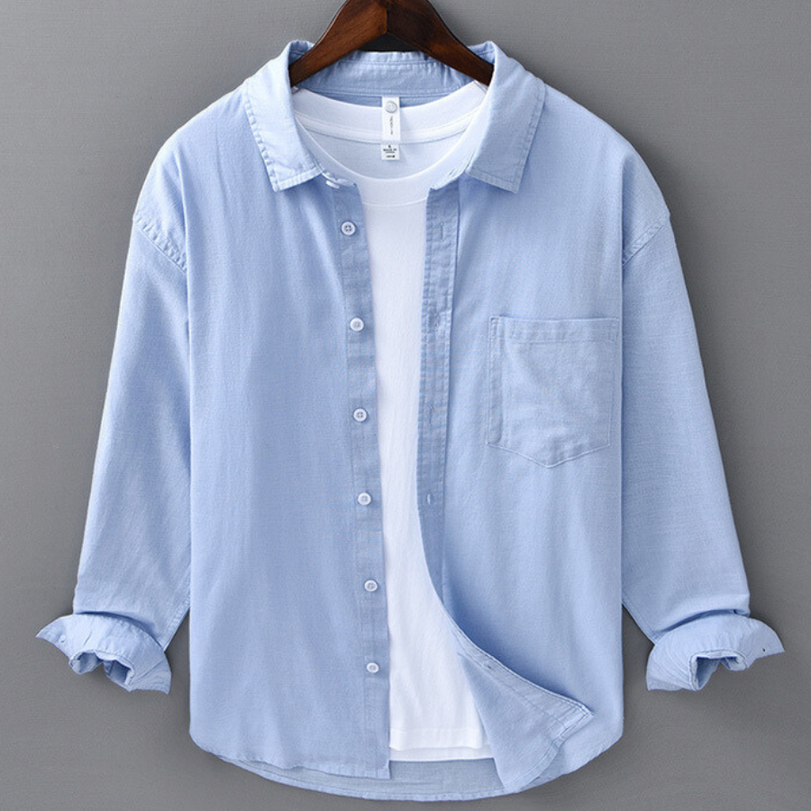 men's long-sleeve linen-blend shirt with point collar button-down chest pocket