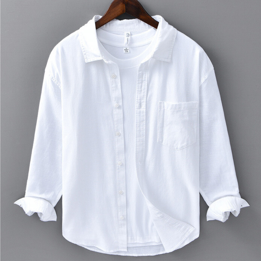 men's long-sleeve linen-blend shirt with point collar button-down chest pocket