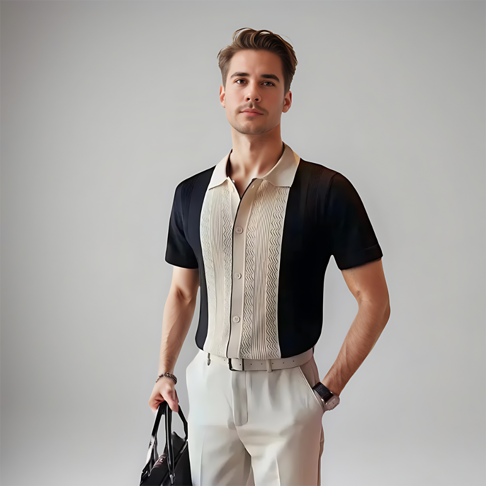 men's short sleeve polo shirt with contrasting center panel