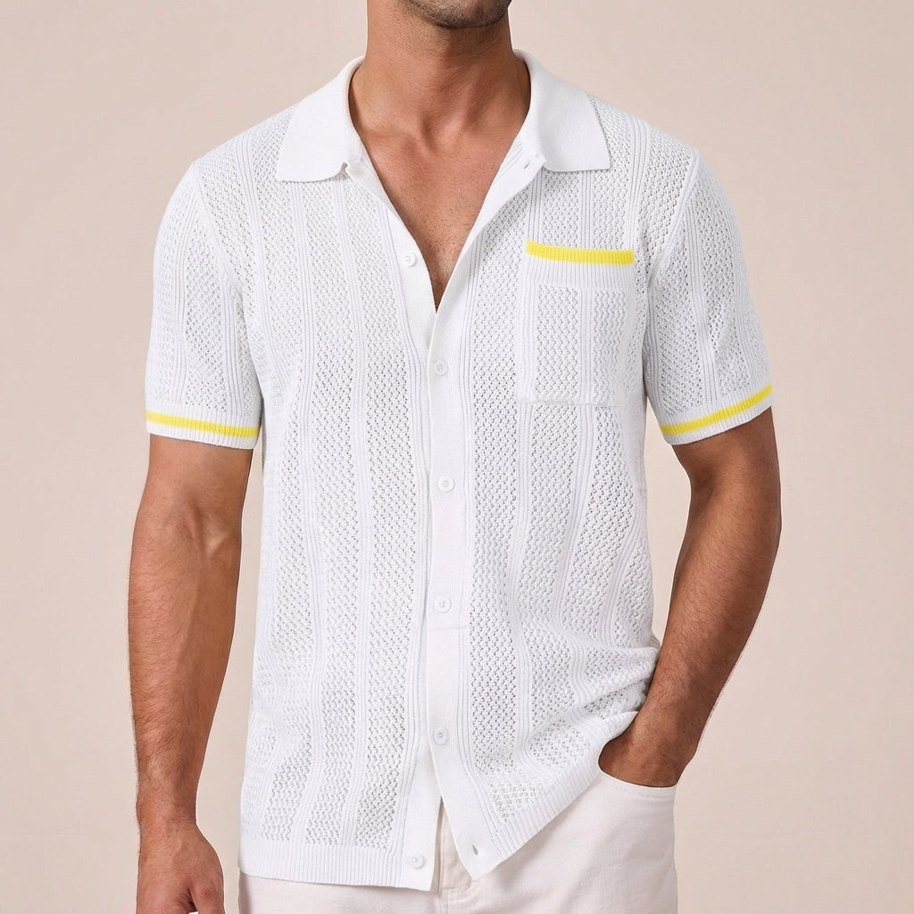 men's openwork short sleeve shirt with button-front camp collar contrast tips