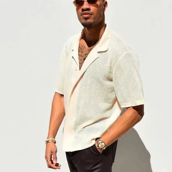 men's cream short sleeve knit button-down shirt with perforated open collar