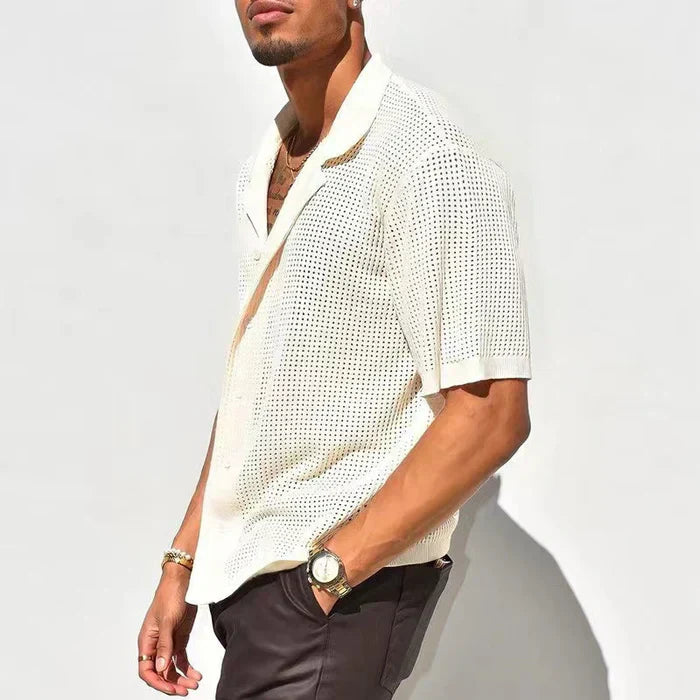 men's cream short sleeve knit button-down shirt with perforated open collar