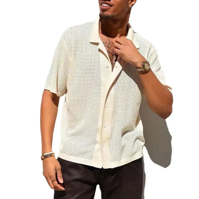 men's cream short sleeve knit button-down shirt with perforated open collar