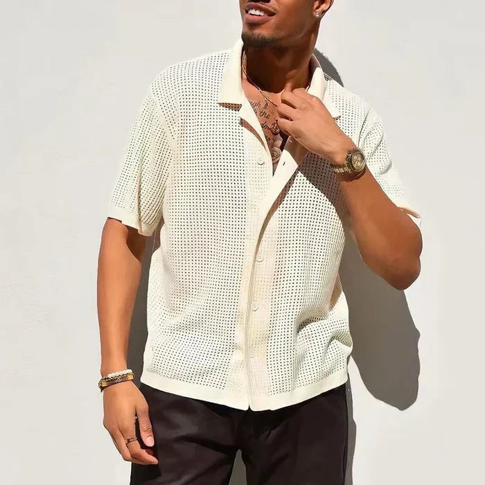 men's cream short sleeve knit button-down shirt with perforated open collar