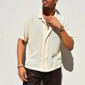men's cream short sleeve knit button-down shirt with perforated open collar