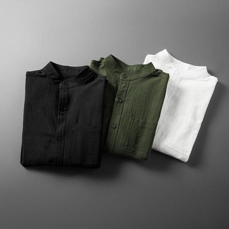 men's linen blend long-sleeve shirt with band collar and chest pocket