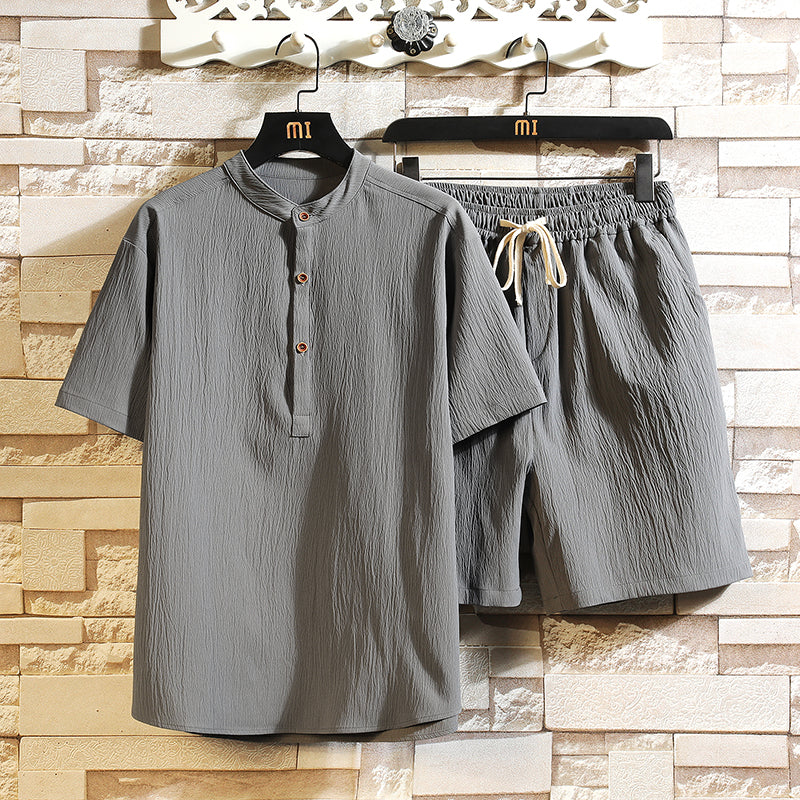 men's henley top and elasticated drawstring shorts duo