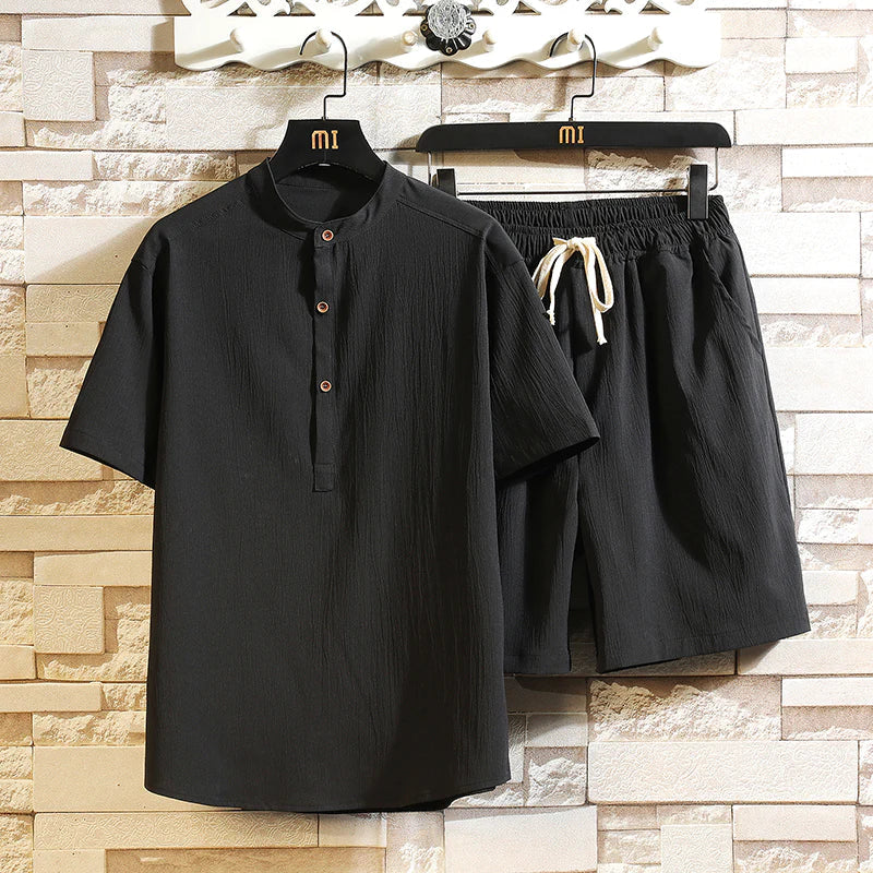 men's henley top and elasticated drawstring shorts duo