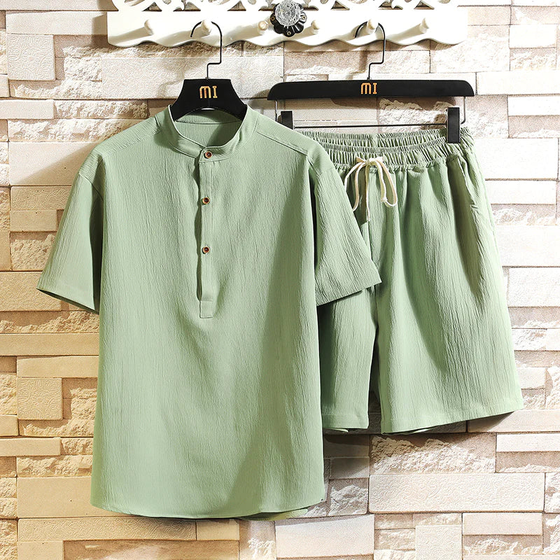men's henley top and elasticated drawstring shorts duo