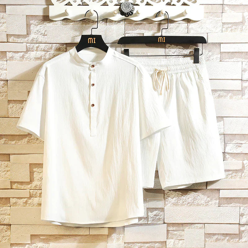 men's henley top and elasticated drawstring shorts duo