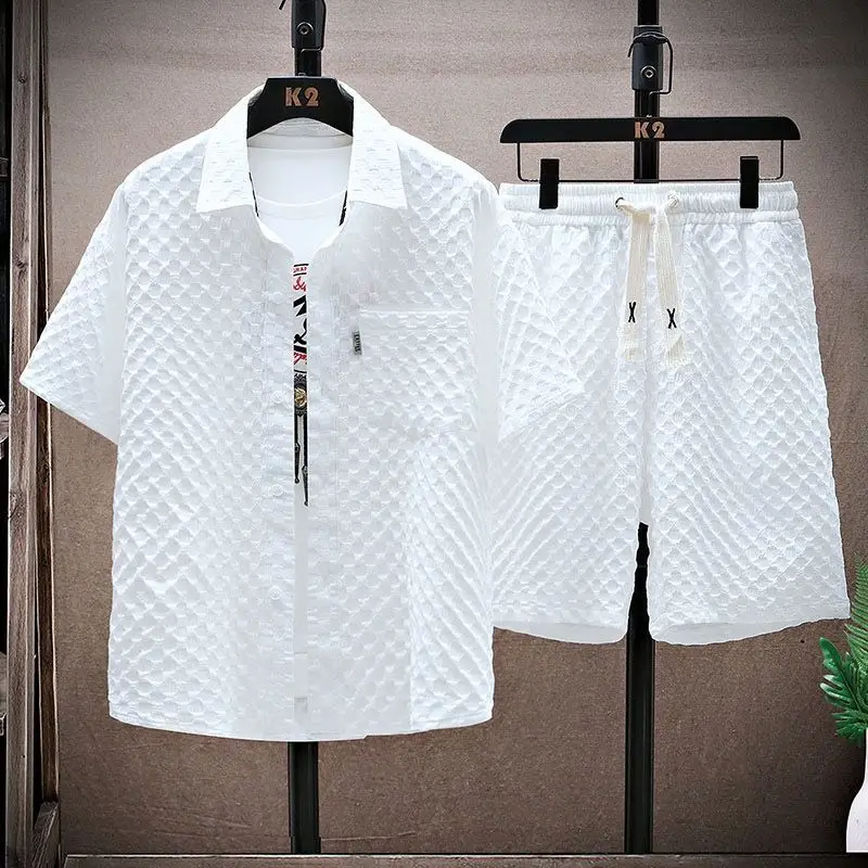 men's diamond jacquard short set with button up shirt and drawstring shorts