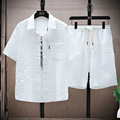 men's diamond jacquard short set with button up shirt and drawstring shorts