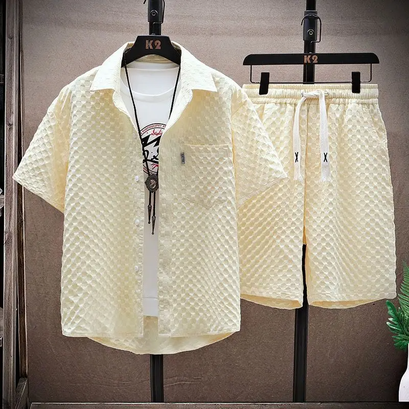 men's diamond jacquard short set with button up shirt and drawstring shorts