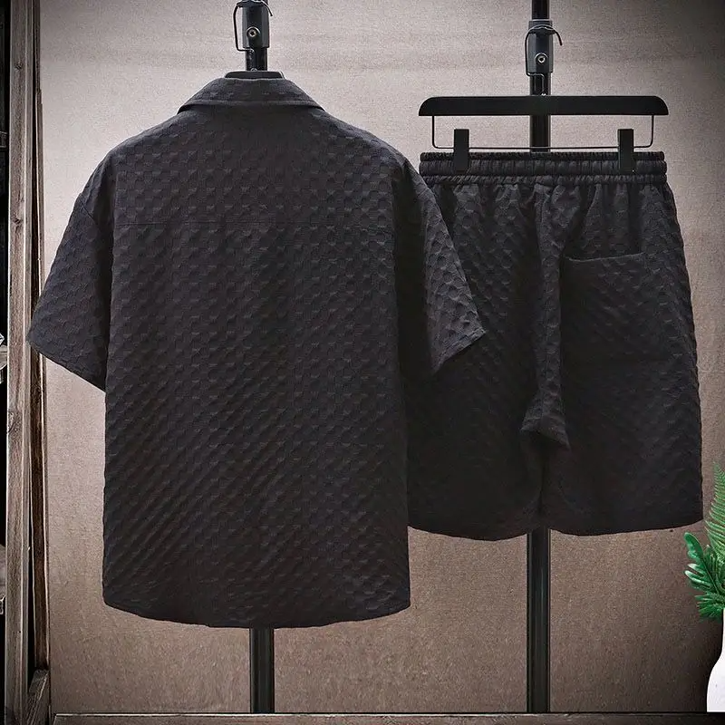 men's diamond jacquard short set with button up shirt and drawstring shorts