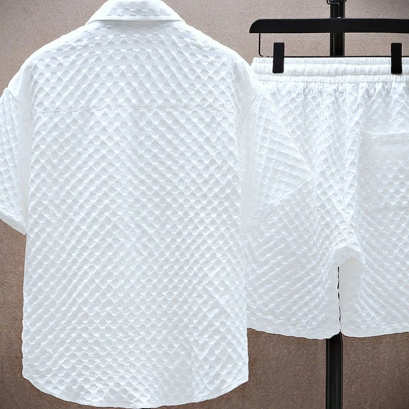 men's diamond jacquard short set with button up shirt and drawstring shorts