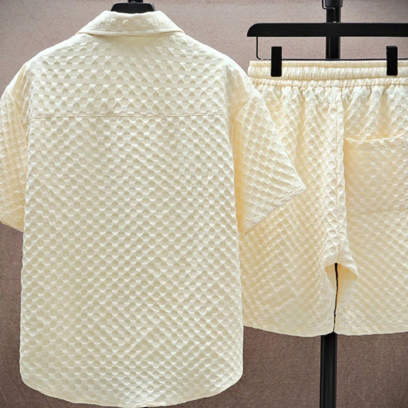 men's diamond jacquard short set with button up shirt and drawstring shorts