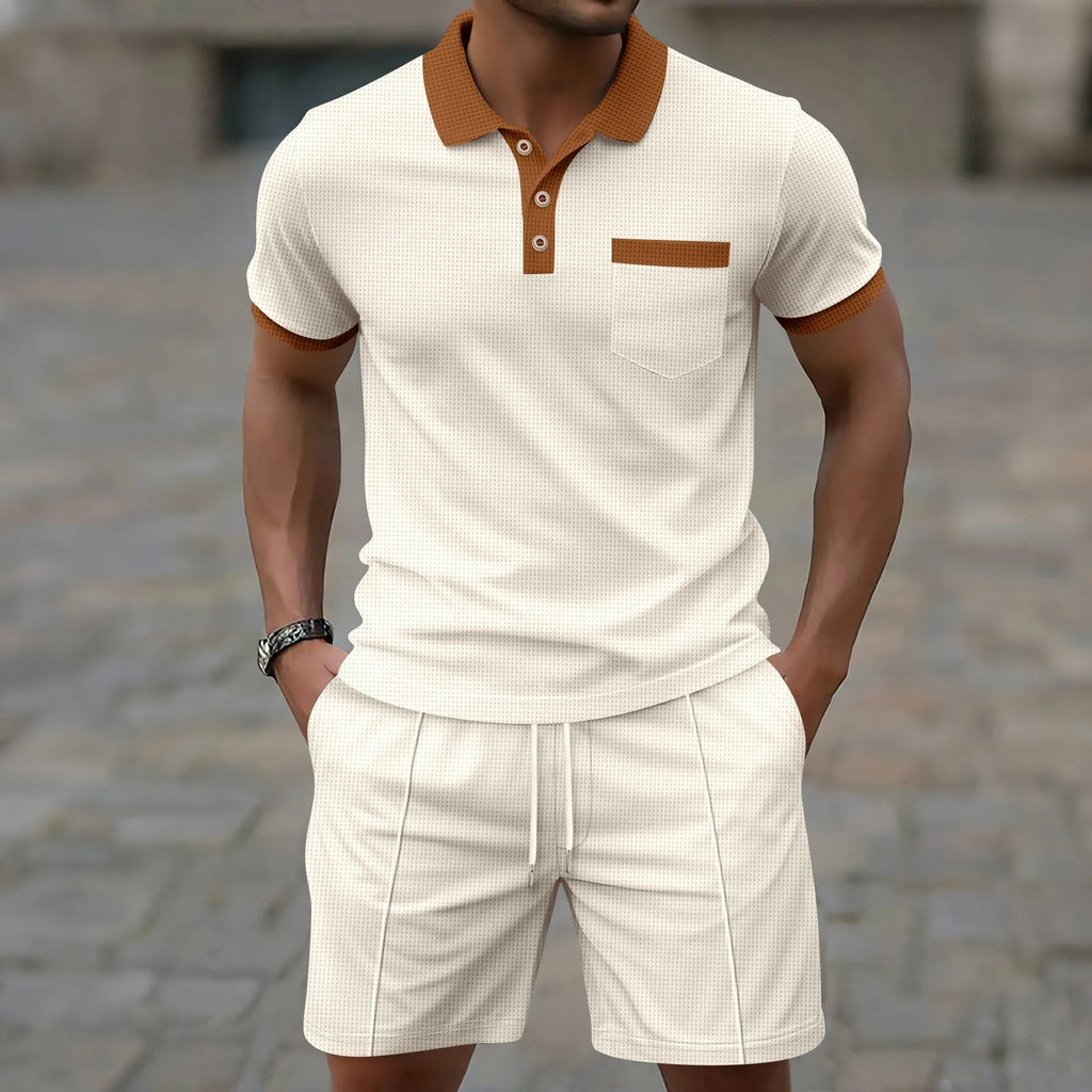 men's waffle texture short set with polo shirt drawstring shorts contrast trim