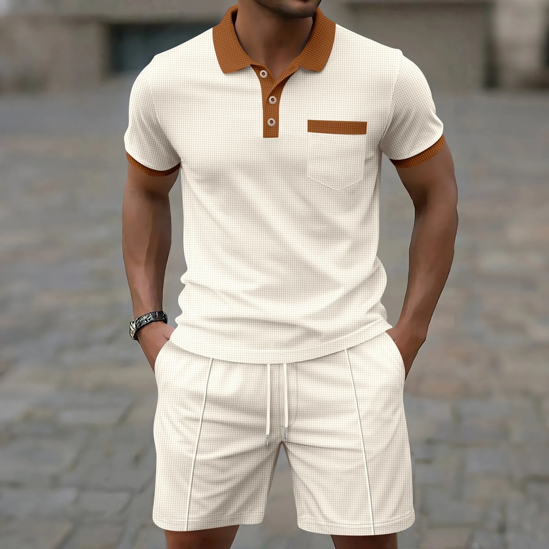 men's waffle texture short set with polo shirt drawstring shorts contrast trim
