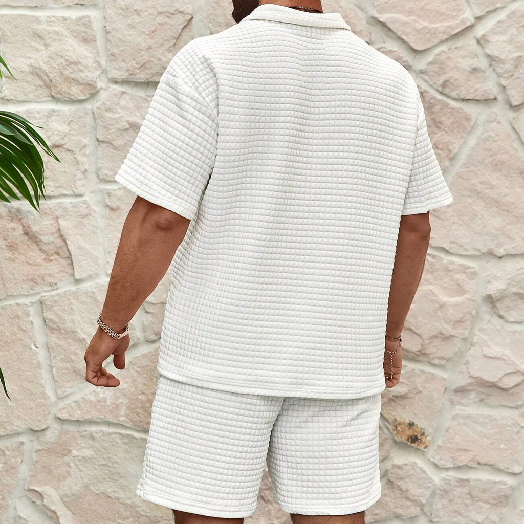 men's waffle texture short set with zip polo short sleeve top and elastic shorts
