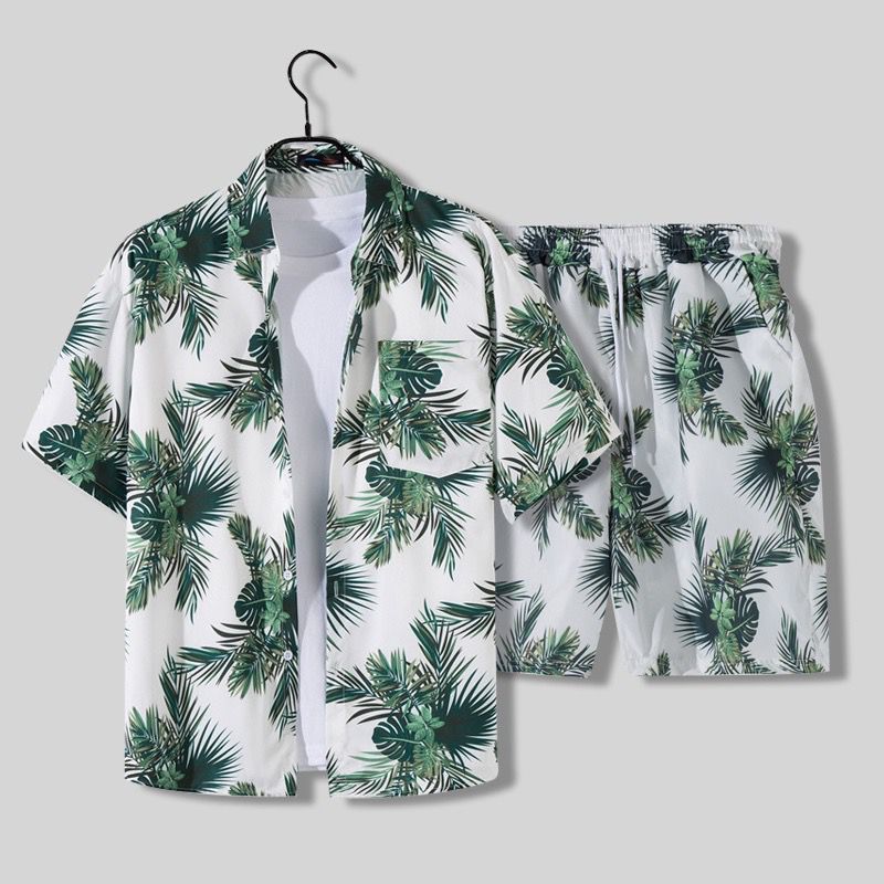 palm print short sleeve shirt and drawstring shorts two piece summer set for men