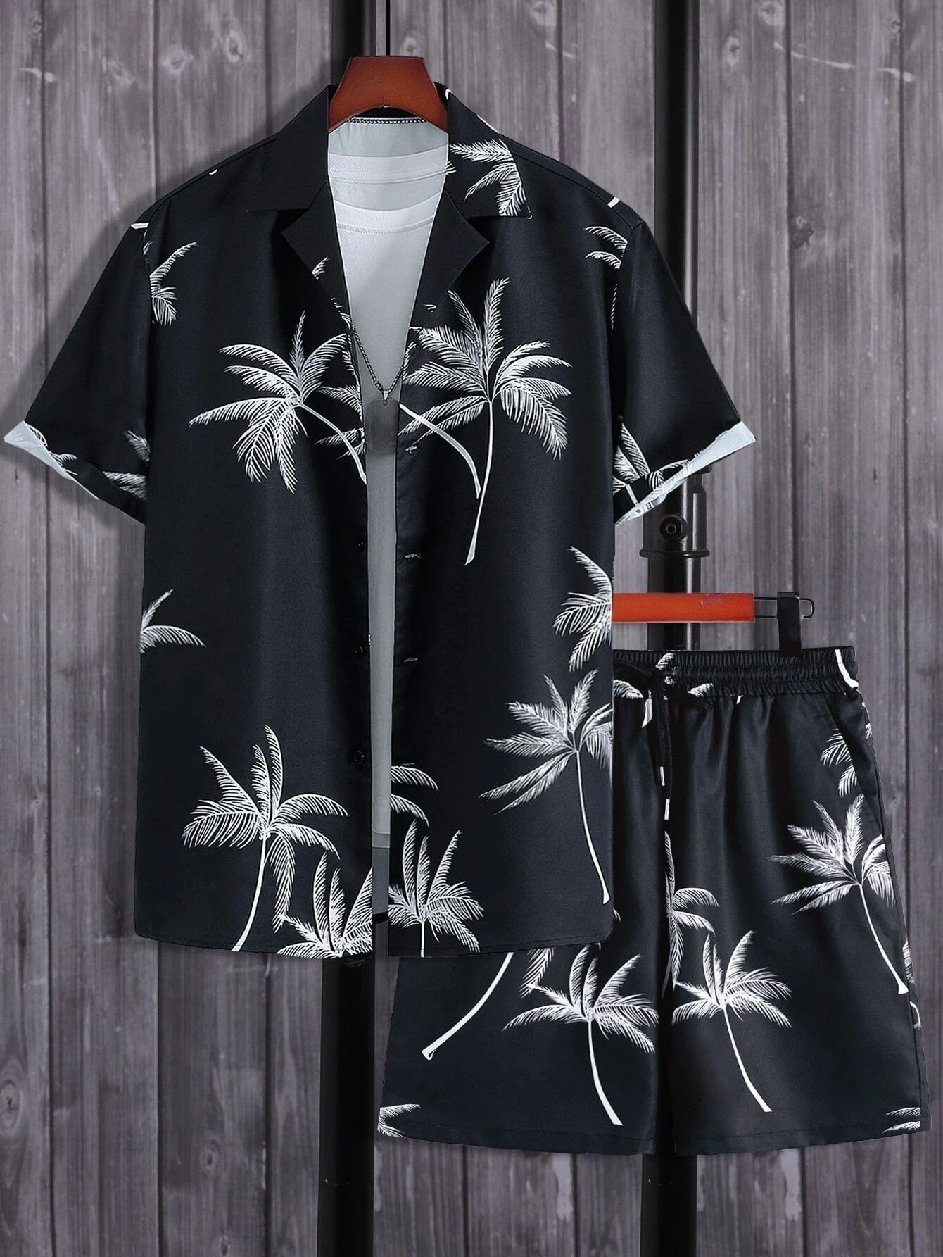 palm print short sleeve shirt and drawstring shorts two piece summer set for men