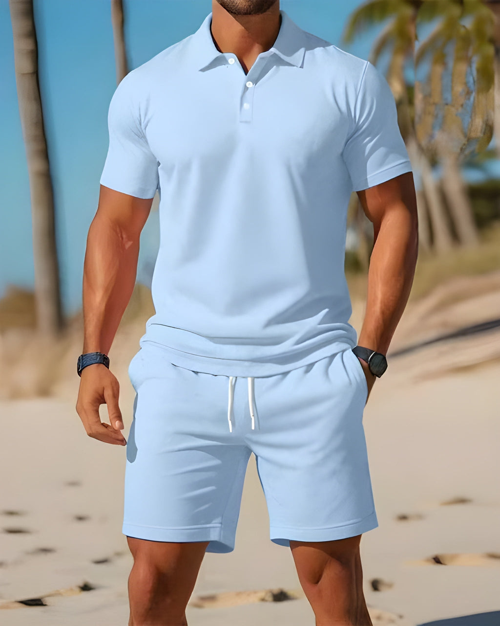 two-piece set featuring men's short sleeve polo shirt and drawstring shorts
