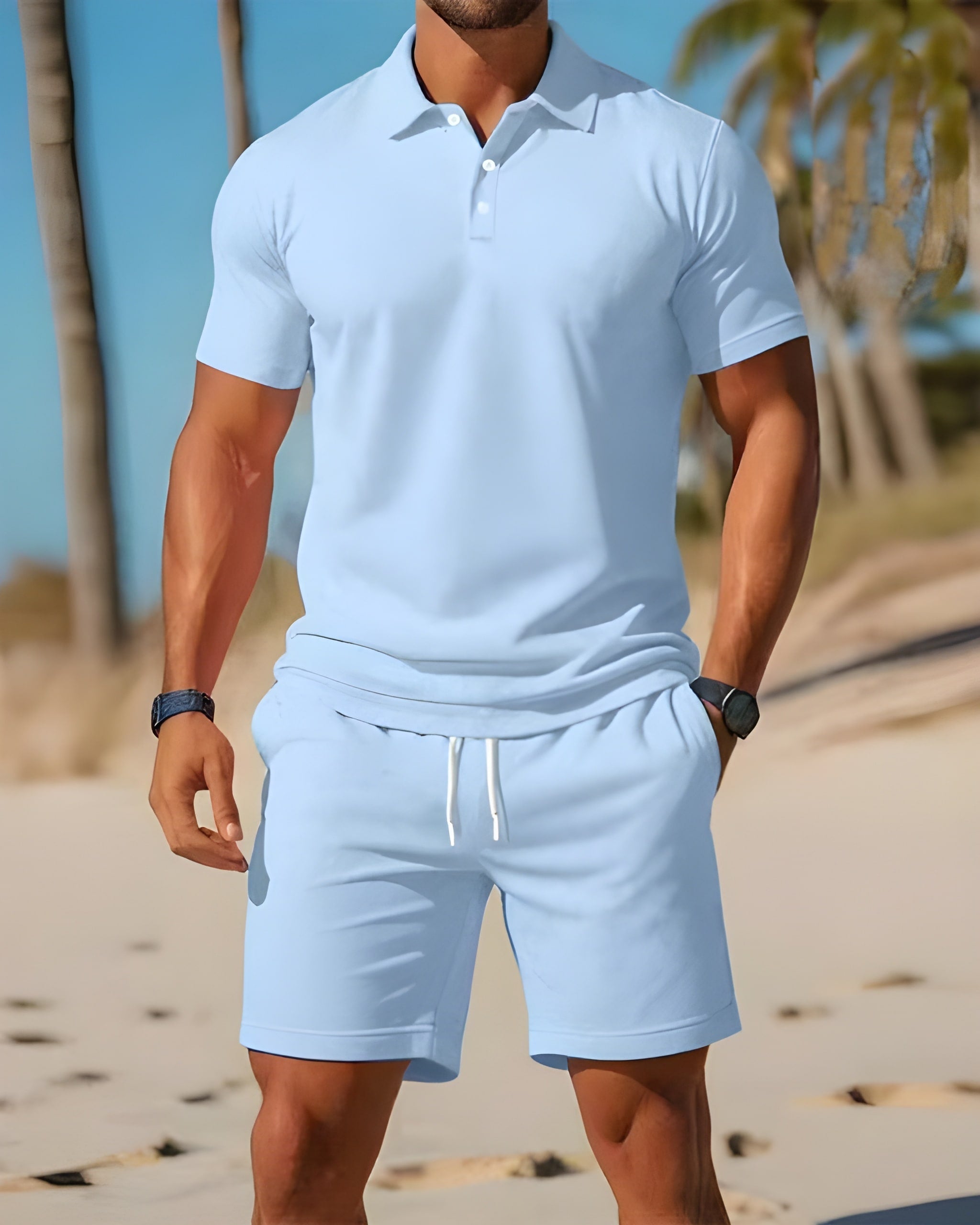 two-piece set featuring men's short sleeve polo shirt and drawstring shorts