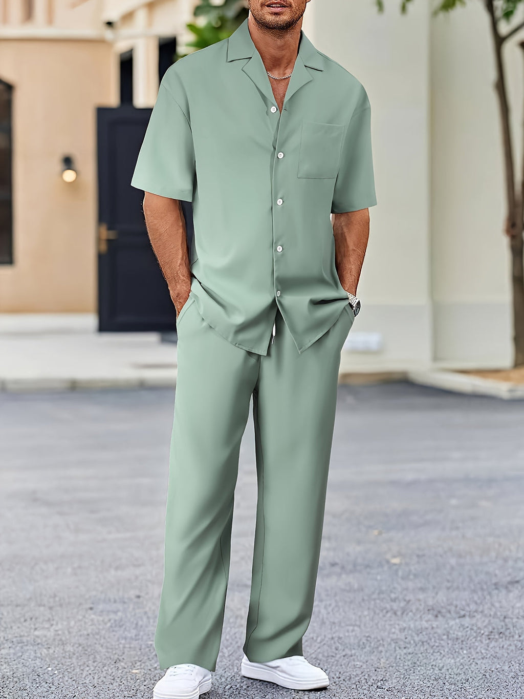 men's short sleeve button up shirt with tailored trousers set