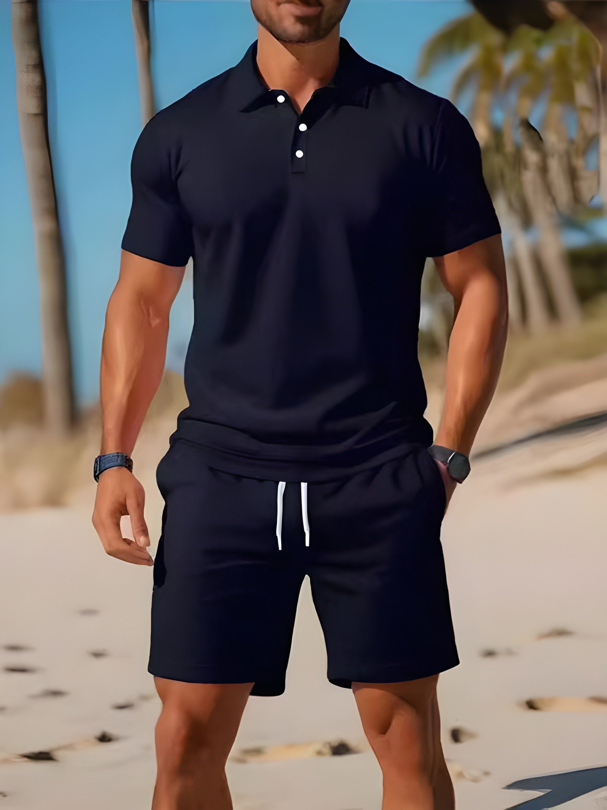 two-piece set featuring men's short sleeve polo shirt and drawstring shorts