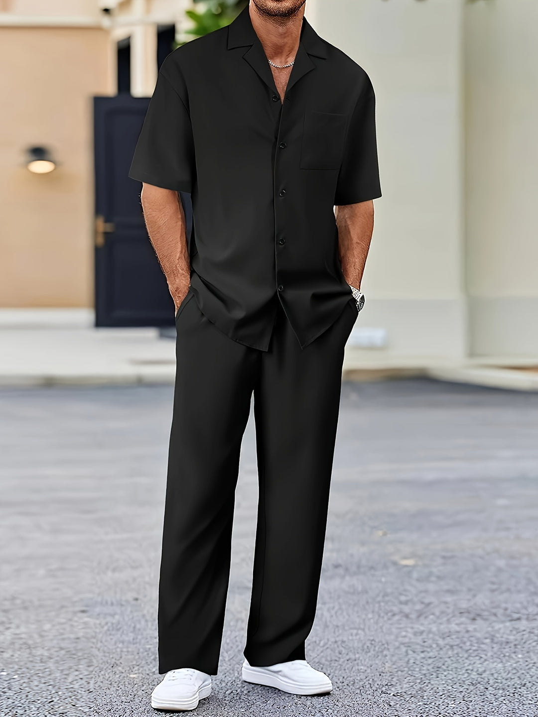 men's short sleeve button up shirt with tailored trousers set