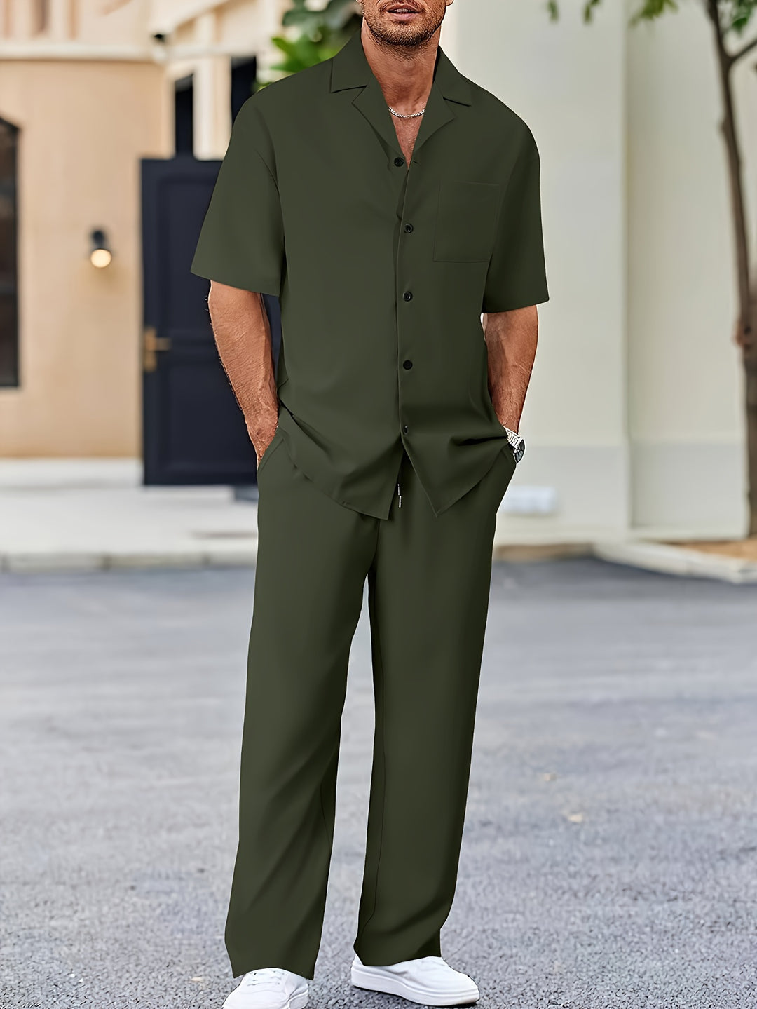 men's short sleeve button up shirt with tailored trousers set