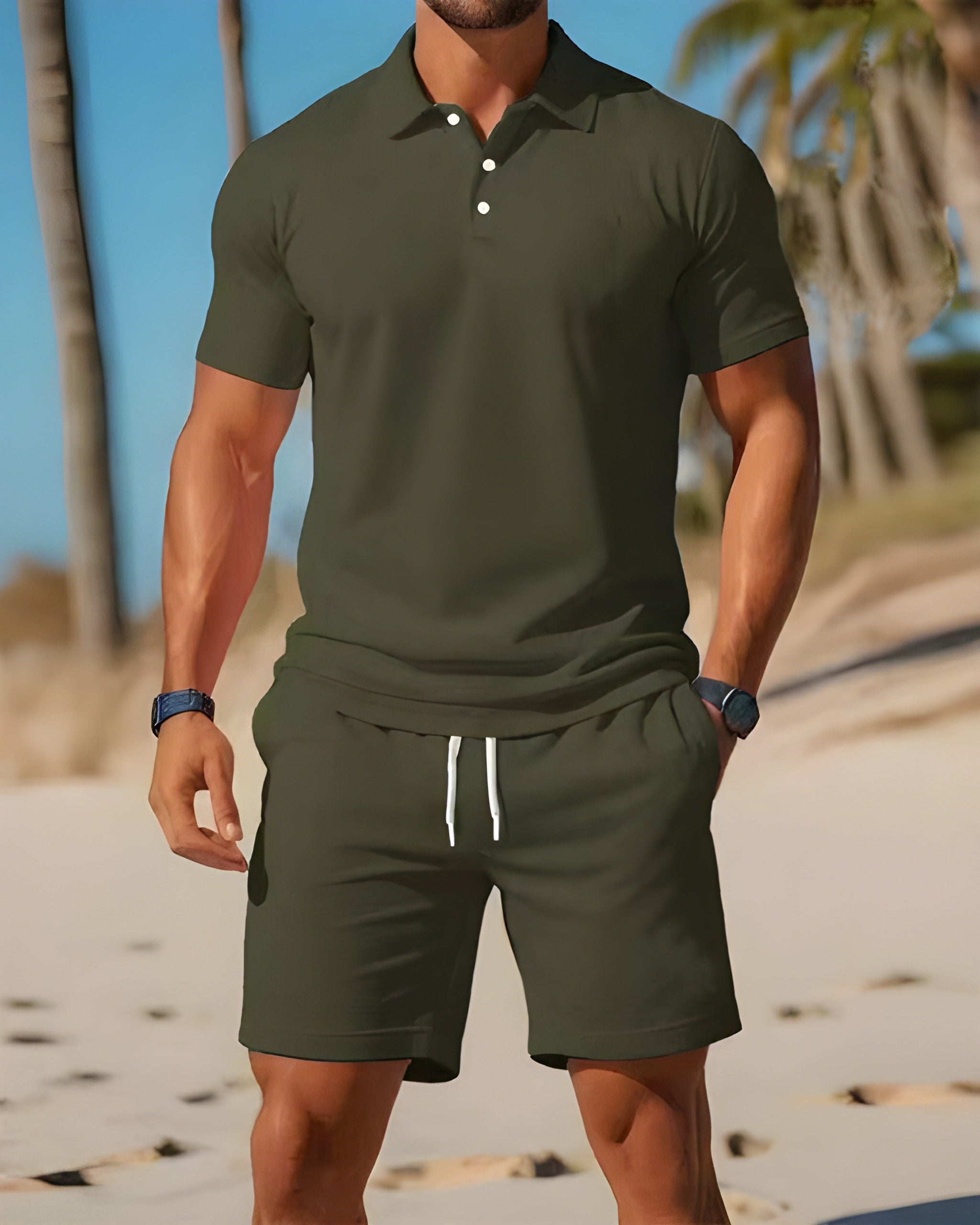 two-piece set featuring men's short sleeve polo shirt and drawstring shorts