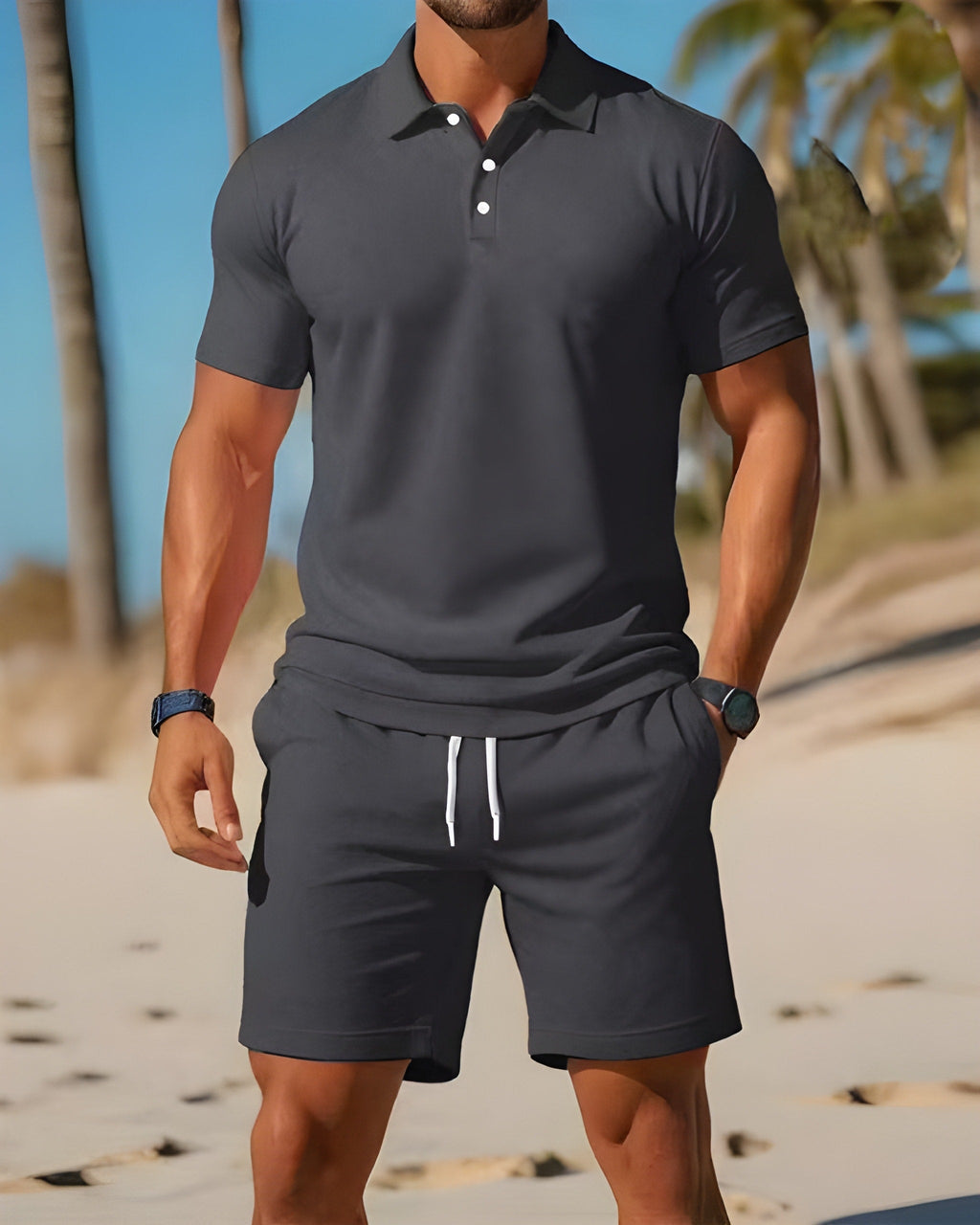 two-piece set featuring men's short sleeve polo shirt and drawstring shorts