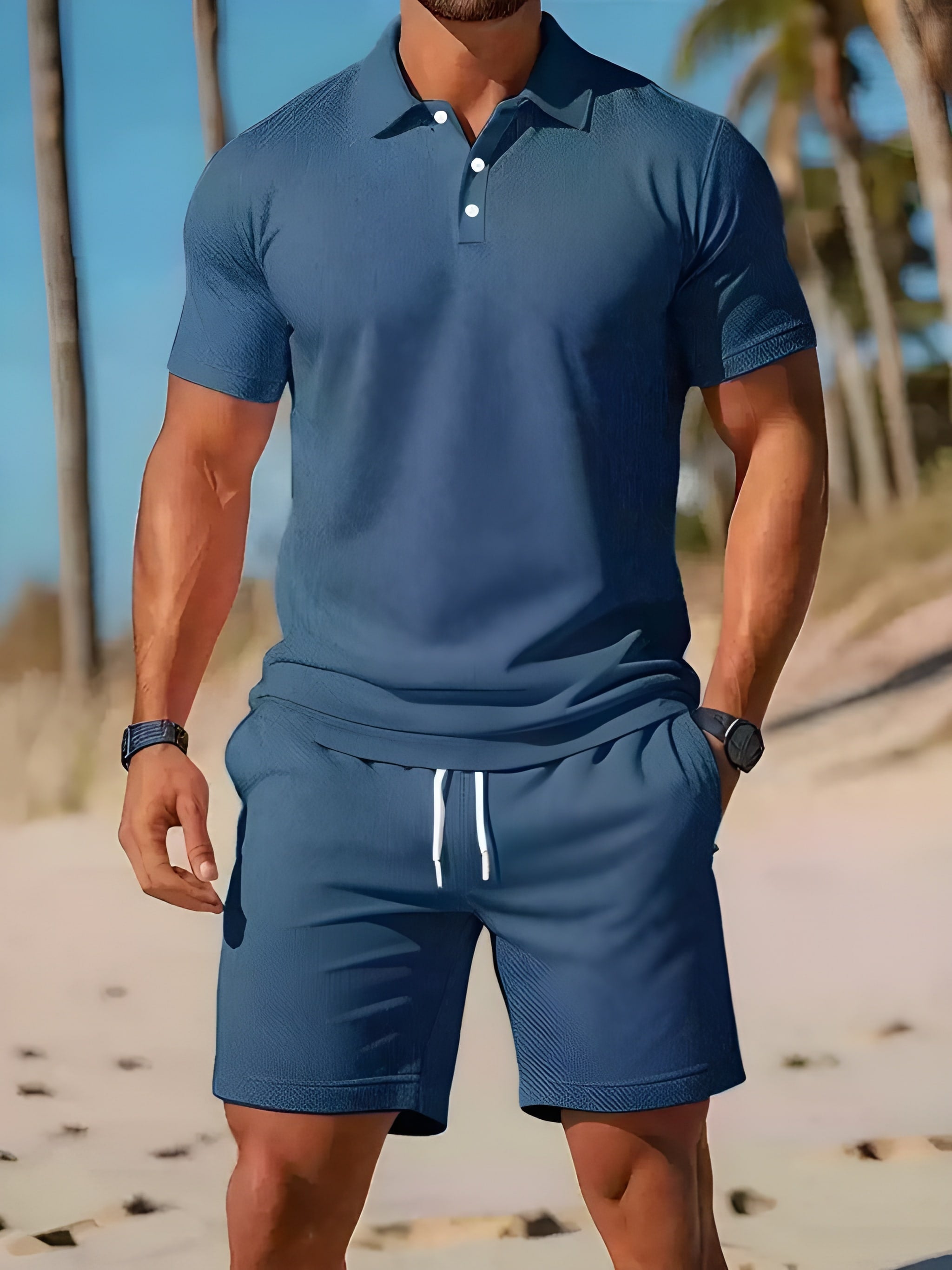 two-piece set featuring men's short sleeve polo shirt and drawstring shorts