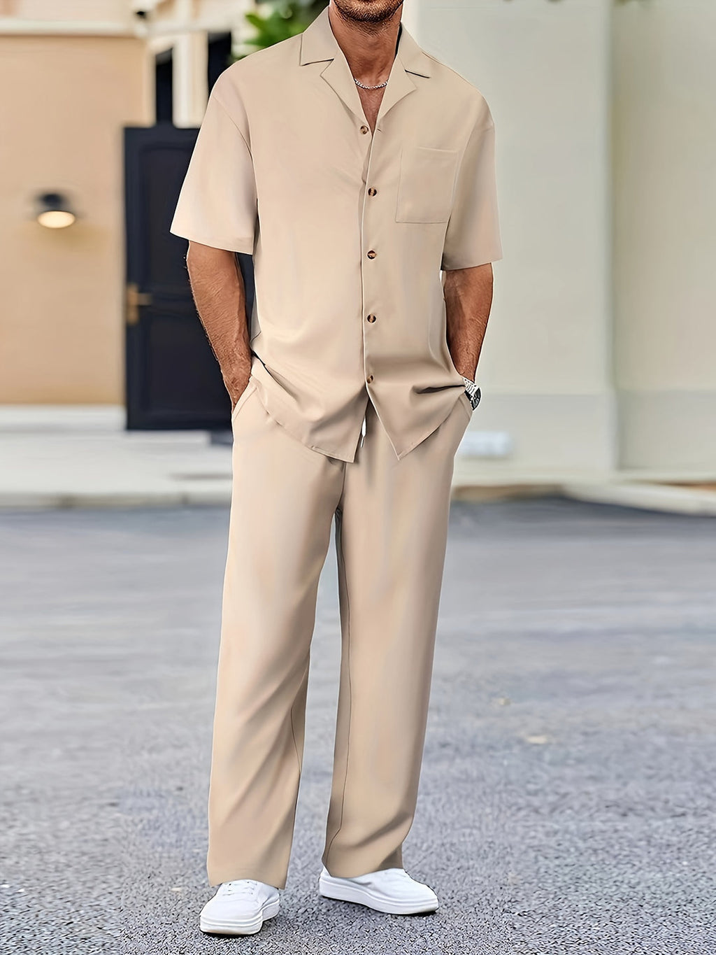 men's short sleeve button up shirt with tailored trousers set