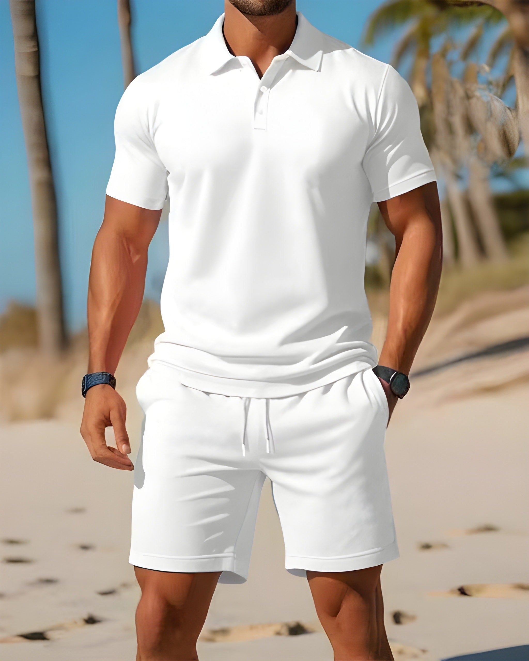 two-piece set featuring men's short sleeve polo shirt and drawstring shorts