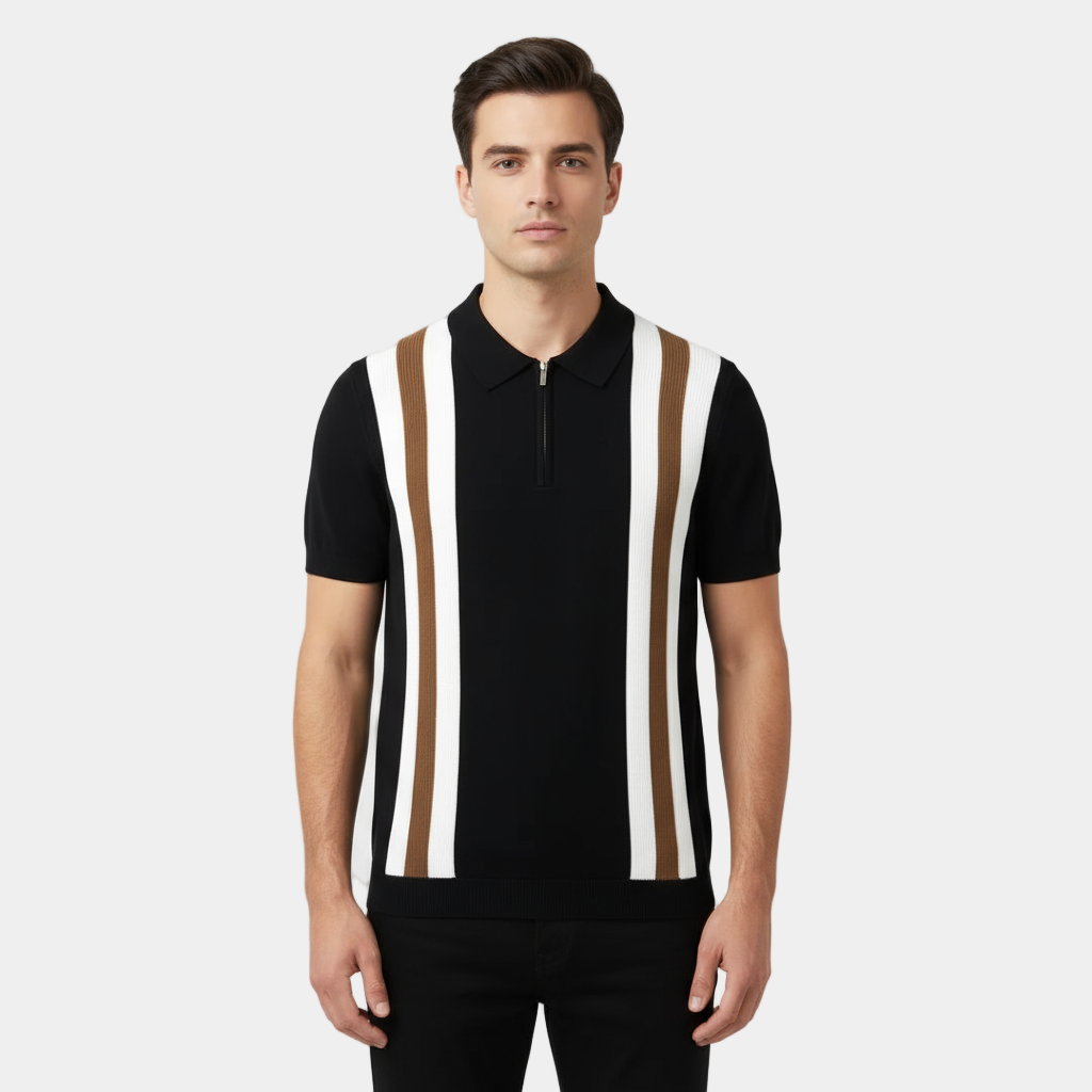 men's vertical stripe knit polo shirt with half zip placket and spread collar