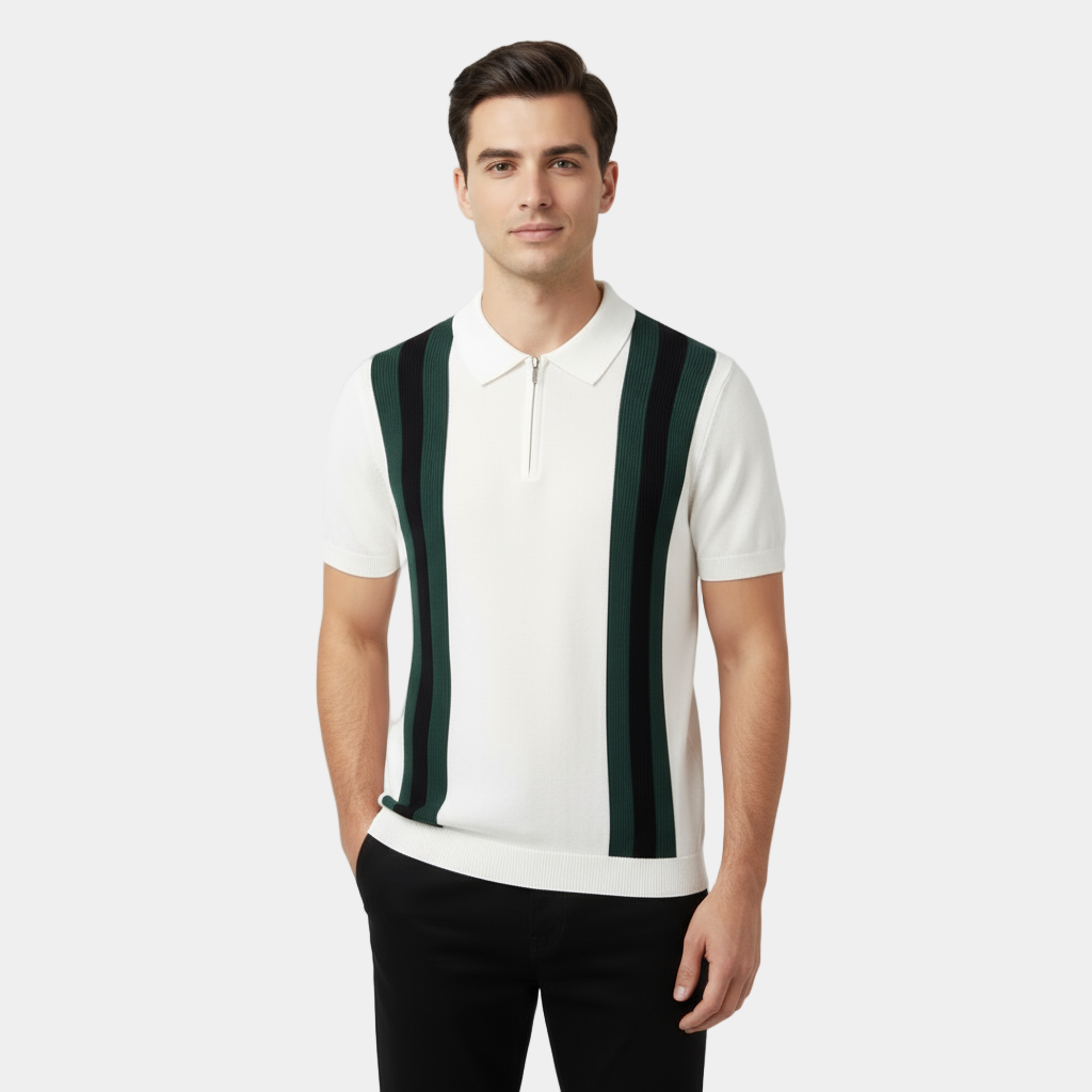 men's vertical stripe knit polo shirt with half zip placket and spread collar