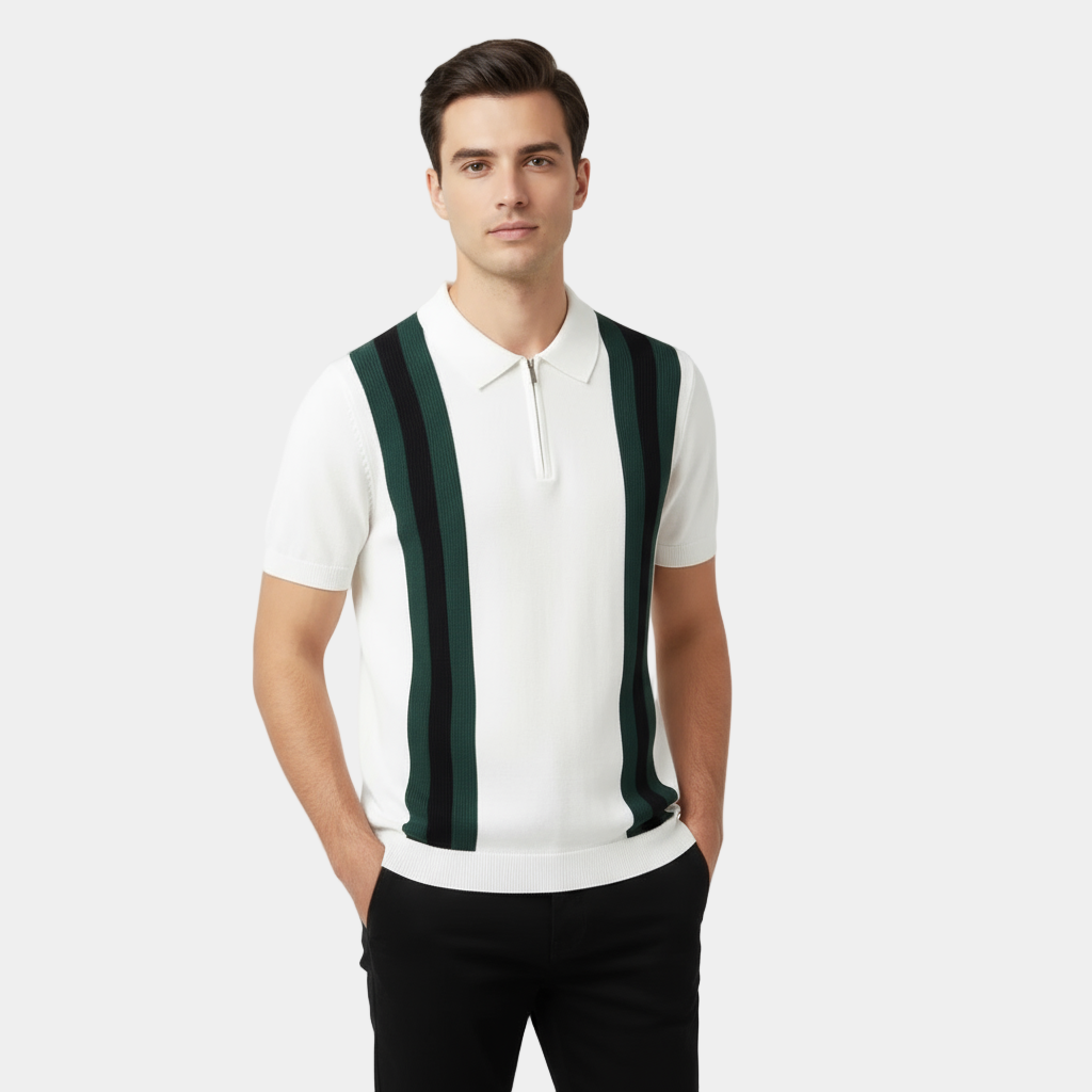 men's vertical stripe knit polo shirt with half zip placket and spread collar