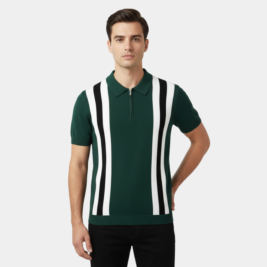 men's vertical stripe knit polo shirt with half zip placket and spread collar